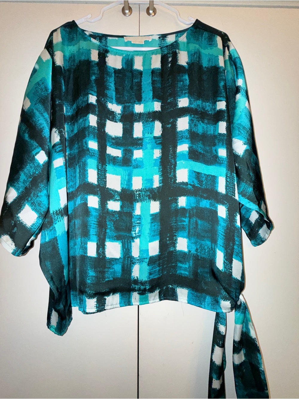 Michael Kors Teal and Black Brushstroke Plaid Dolman Top